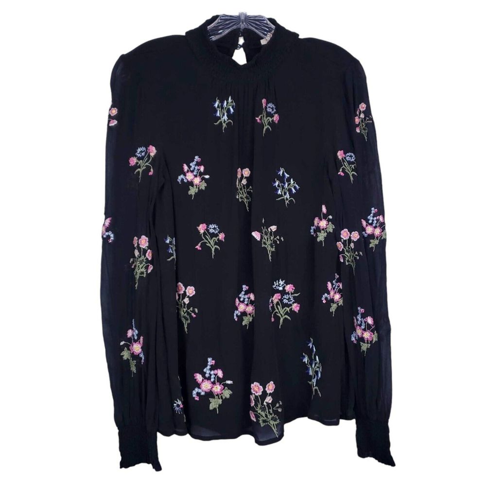 Sundance Floral Embroidered Black Blouse Smock Necked Top Size Medium